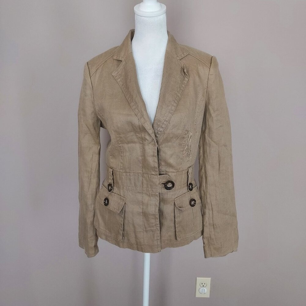 Zara Basic 100% Ramie Khaki Long Sleeve Jacket Size Small